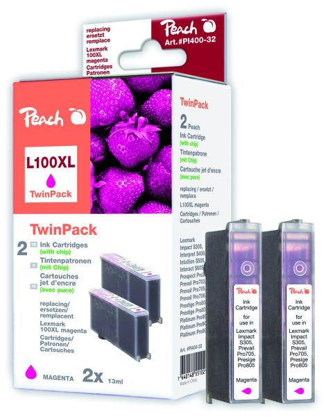 Peach Doppelpack 2 Tintenpatronen magenta mit Chip kompatibel zu Lexmark No. 100XL, 14N1094