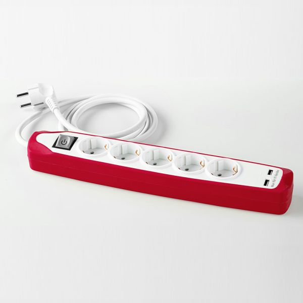 Powertec Electric Design-Steckdosenleiste, 5-fach - Weiß-Rot