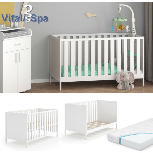 VitaliSpa® Babybett JONAS 70x140cm Gitterbett Umbaubett Kinderbett umbaubar weiß inklusive Matratze