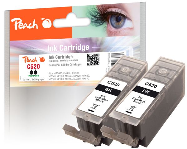 Peach Doppelpack Tintenpatronen schwarz mit Chip kompatibel zu Canon PGI-520, PGI-520bk, 2932B001