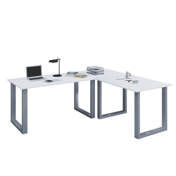 Eck-Schreibtisch "Lona" 190x130x50 U-Füße Weiß/Silber