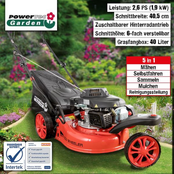 Powertec Garden Benzin-Rasenmäher 5 in 1 Eco-Wheeler Trike 410