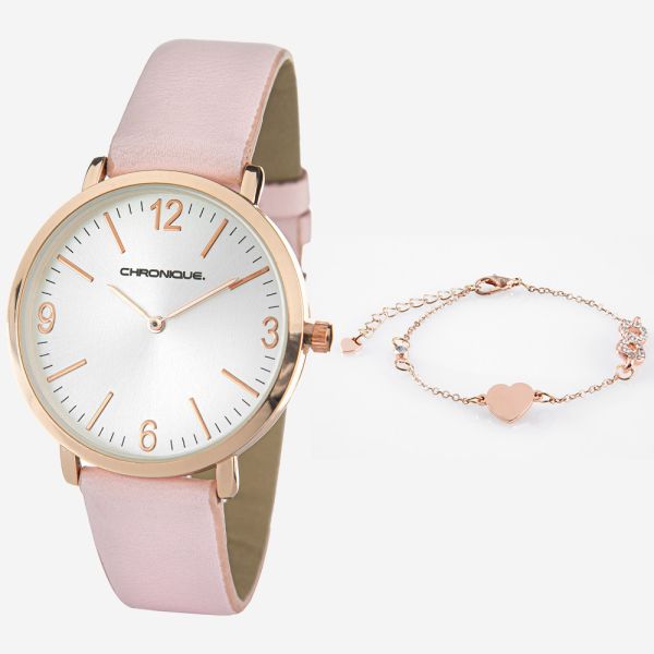 Chronique Damen-Armbanduhr mit Kettchen - Roségold mit Herz-Kettchen