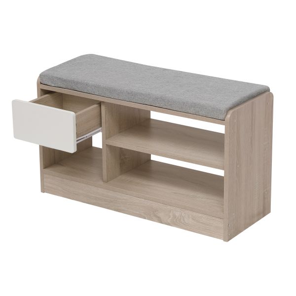 Happy Home Sitzbank mit Schuhablage, Sitzkissen, 1 Schublade & 2 Ablagefächer, natürliche Holzoptik