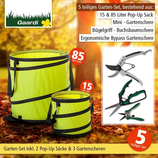 Garten - Aktionsset "Herbst", 5 tlg. 3 Gartenscheren + 2 Pop-Up Säcke gelb