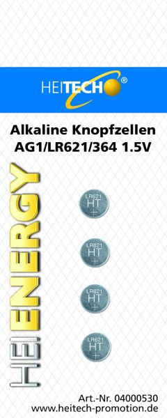 Heitech Alkaline Knopfzellen, 4er Pack AG1/LR621