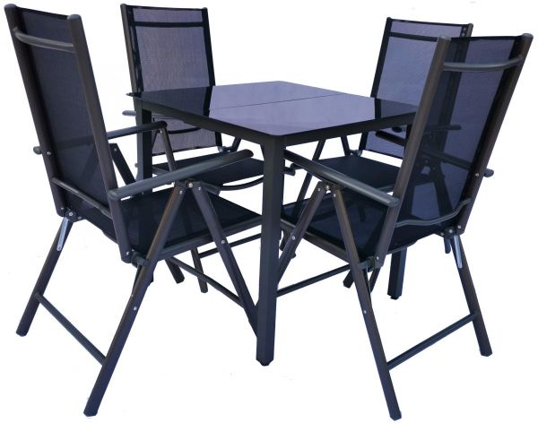 VCM Alu-Gartenset 140 Schwarzglas Tisch + 4 Stühle
