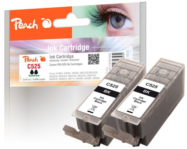 Peach Doppelpack Tintenpatronen schwarz mit Chip kompatibel zu Canon PGI-525