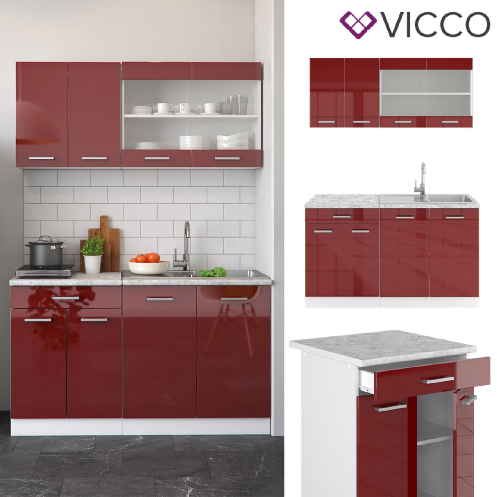 Vicco Küchenzeile SINGLE Einbauküche 140 cm Küche Rot Bordeaux Hochglanz  R-LINE | Norma24 | Vorratsschränke