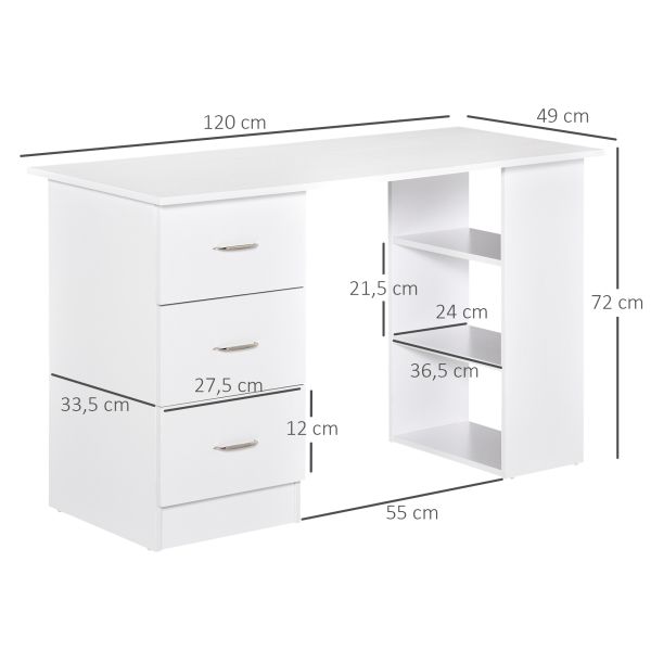 HOMCOM Schreibtisch mit 3 Schubladen Regale Weiß 120 x 49 x 72 cm