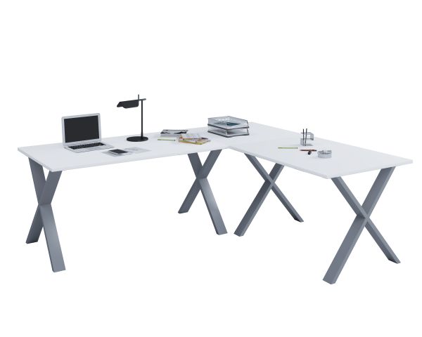 VCM Eck-Schreibtisch "Lona" 130x130x50 X-Füße Weiß/Silber