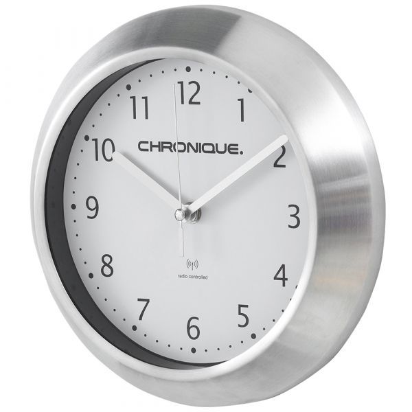 Chronique Funk-Wanduhr-Aluminiumrahmen, Ø ca. 25 cm - Weißes Ziffernblatt