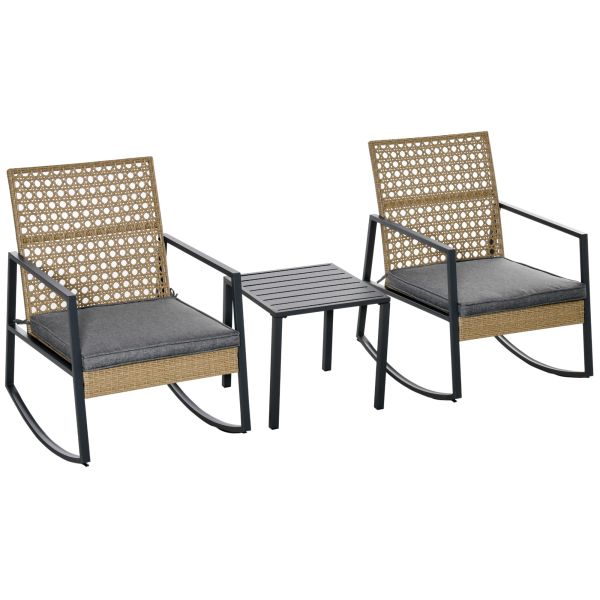 Outsunny Rattan-Schaukelstuhl 3 teilige Bistroset 2 Stühle 1 Tisch mit Kissen Stahl für Gärten Terra