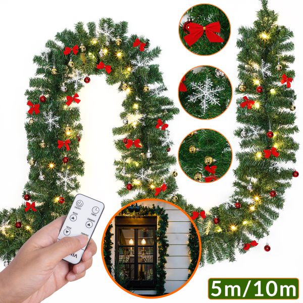 Weihnachtsgirlande inkl Beleuchtung + Deko + Fernbedienung 5m grün