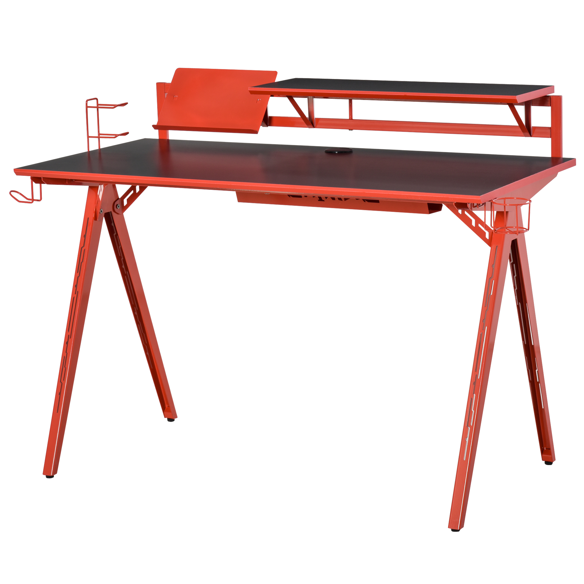 HOMCOM Gaming Tisch Schreibtisch Computertisch Arbeitstisch mit  Gamepad-Halter Getränkehalter E-Sport Stil MDF Stahl Schwarz+Rot 135,5 x 60  x 95 cm