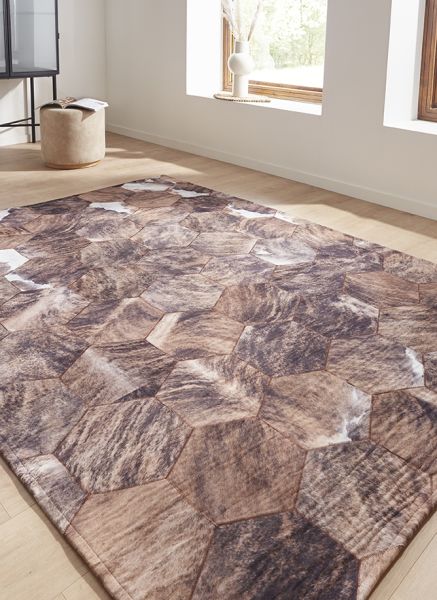 Flachgewebe Teppich Tierfelloptik Patchwork Farbe Braun-Beige 80 x 150 cm
