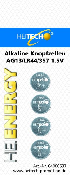 Heitech Alkaline Knopfzellen, 4er Pack AG13/LR44