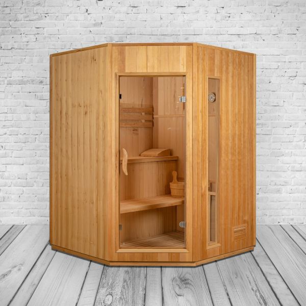 PureHaven Finnische Sauna 150x150x200 cm Harvia Saunaofen für 3 Personen Hemlockholz komplettes Zube