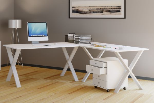 Eck-Schreibtisch "Lona" 220x220x80 X-Füße Weiß/Weiß
