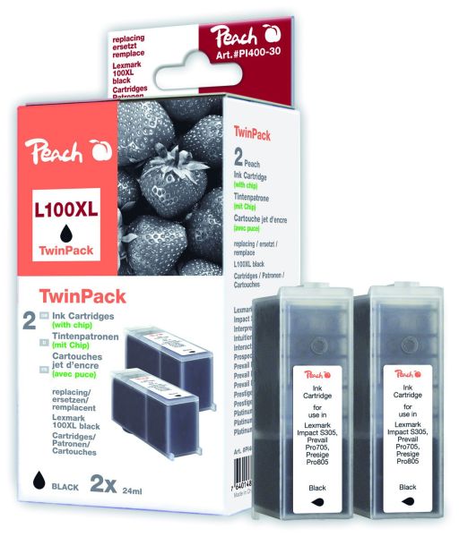 Peach Doppelpack 2 Tintenpatronen schwarz mit Chip kompatibel zu Lexmark No. 100XL, 14N1092