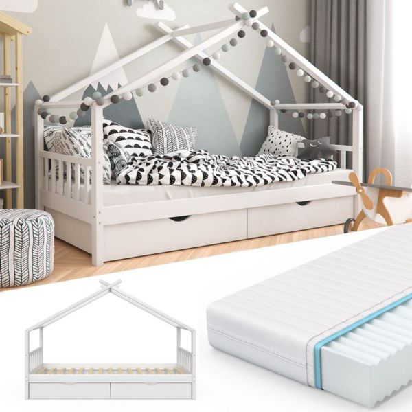 VitaliSpa® Kinderbett Design Hausbett mit Schubladen und Lattenrost 90x200cm Weiß + Matratze