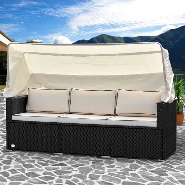 Casaria® Gartensofa Polyrattan Lounge 3 Sitzer faltbares Dach 210 x 70 x 70cm schwarz / creme