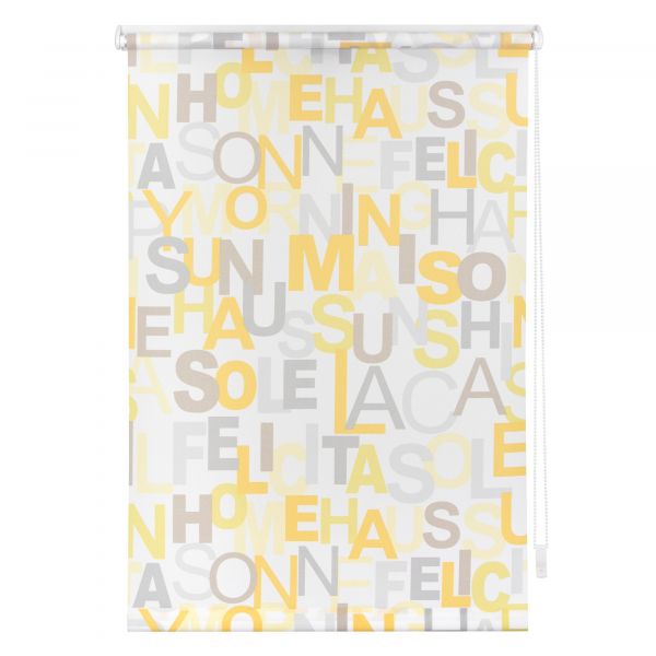 Lichtblick Rollo Klemmfix, ohne Bohren, blickdicht, Happy Words - Weiß-Gelb, 70 cm x 180 cm (B x L)