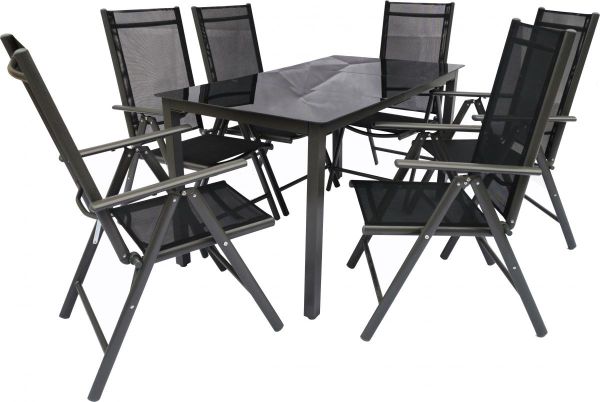 VCM Alu-Gartenset 140 Schwarzglas Tisch + 6 Stühle