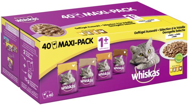 WHISKAS® Portionsbeutel Multipack Maxi-Pack 1+ Geflügel Auswahl in Gelee 40 x 100g