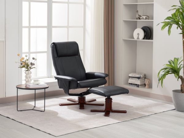 Happy Home verstellbarer Relaxsessel mit Hocker schwarz & Holzbeine