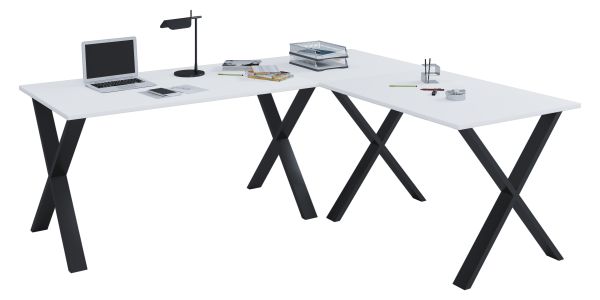 VCM Eck-Schreibtisch "Lona" 190x160x50 X-Füße Weiß/Schwarz