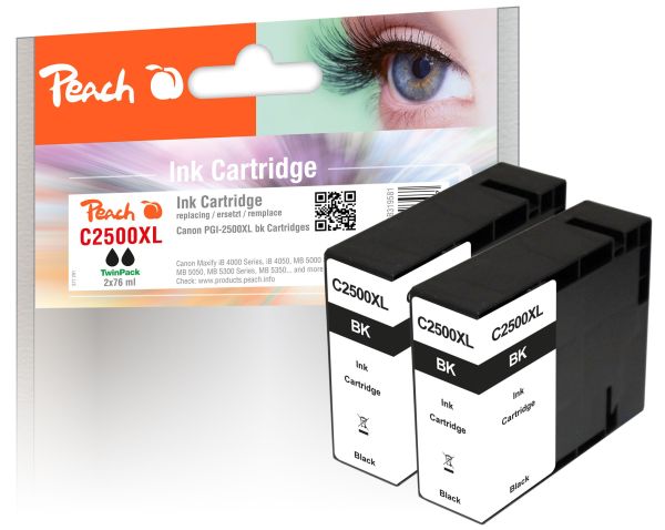 Peach Doppelpack XL-Tintenpatrone schwarz mit Chip kompatibel zu Canon PGI-2500, PGI-2500BK XL