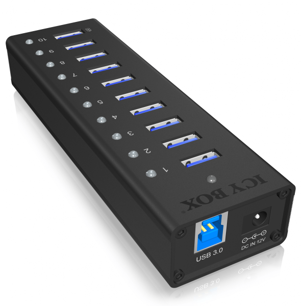 ICY BOX IB-AC6110, 10 Port Hub mit USB Type-A Anschluss und 1x Ladeanschluss