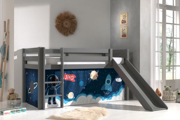 Halbhohes Bett PINO, mit Rutsche und Textilset "Space Shuttle", Ausf. Kiefer massiv grau lackiert