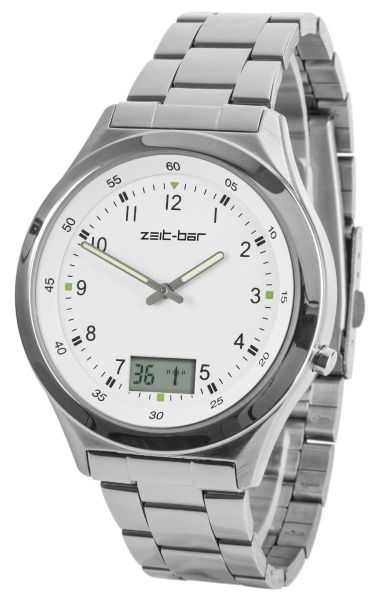 Zeit-Bar Funk-Armbanduhr mit Datums- und Sekundenanzeige, Edelstahl-Uhrband