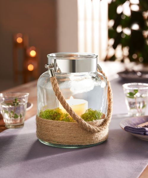 HomeLiving Windlicht "Natur" Kerzenglas, Glas mit Henkel, dekorativ mit Sisalschnur