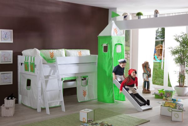 RELITA Spielbett KIM 90x200 cm, mit Rutsche und Turm Buche weiß lackiert Stoffset Beige/Grün