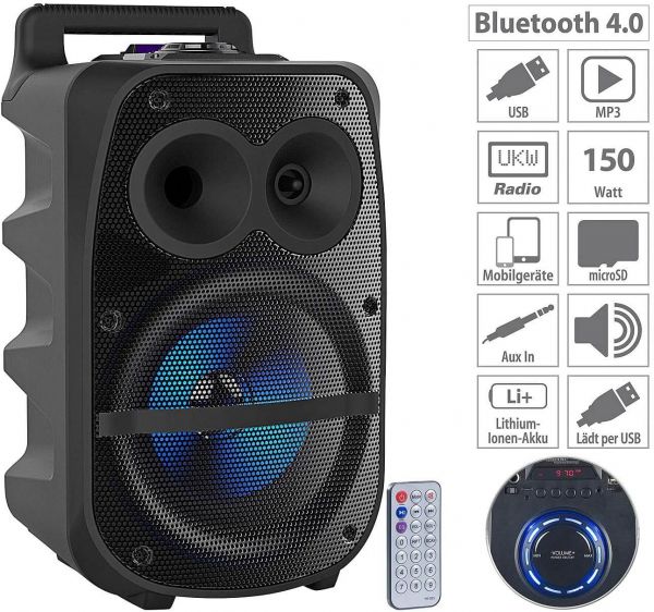 auvisio Partylautsprecher PMA-950.k Mobile PA-Partyanlage Bluetooth MP3 USB SD Karaoke UKW 150 Watt