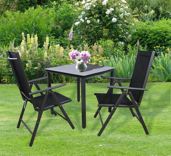 VCM 3-tlg. Alu-Gartenset mit Tisch & 2 Stühle Glas/Stein Anthrazit