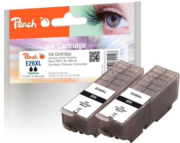 Peach Doppelpack Tintenpatronen schwarz kompatibel zu Epson No. 26XL bk, T262140