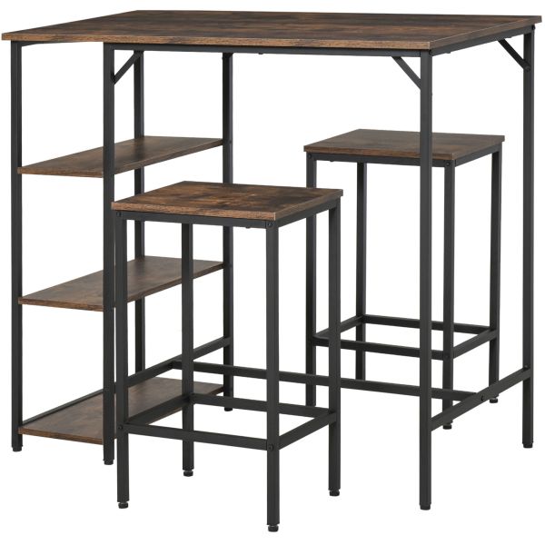 Bartisch-Set Stehtisch mit 2 Barhockern 3-teiliges Tischset Küchentresen mit Regale Spanplatte Stahl