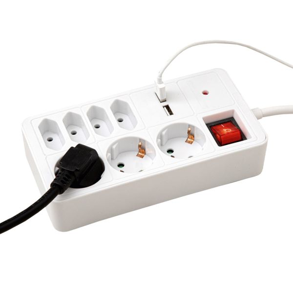 Powertec Electric 7-fach Steckdose mit Überspannungsschutz und 2x USB
