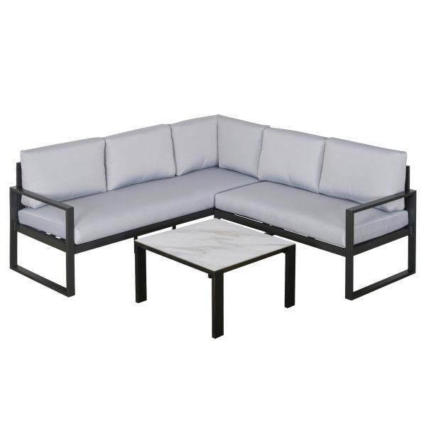 3-tlg. Gartenmöbel-Set mit Couchtisch Sofa mit Kissen Outdoor Aluminium Grau