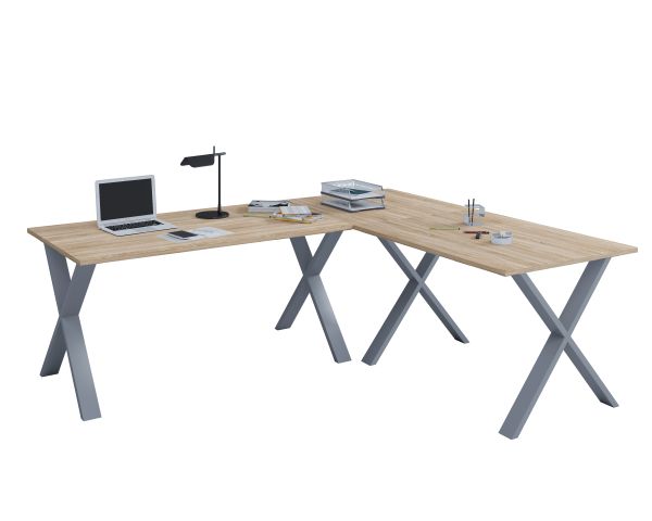 Eck-Schreibtisch "Lona" 220x190x80 X-Füße Sonoma-Eiche/Silber