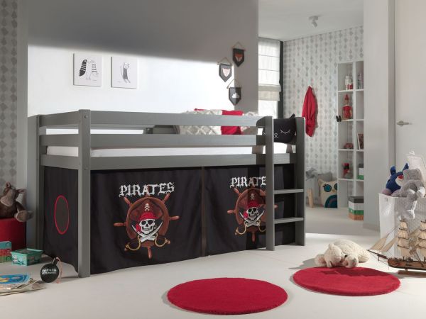 VIPACK - Spielbett Pino mit Textilset "Pirates", Ausf. Kiefer massiv grau lackiert
