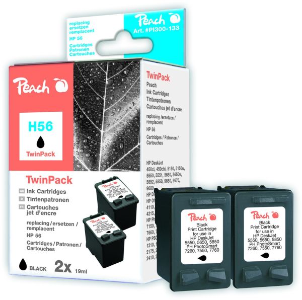 Peach Doppelpack Druckköpfe schwarz kompatibel zu HP No. 56, C6656AE