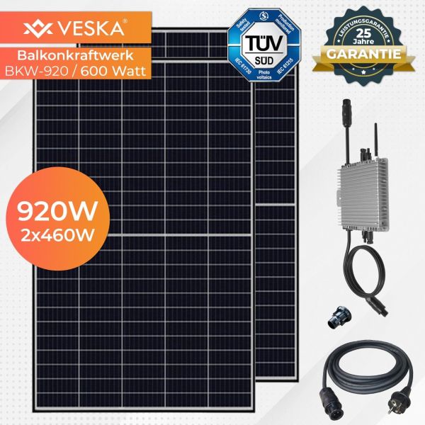 VESKA Balkonkraftwerk 920 W / 600 W Photovoltaik Solaranlage Steckerfertig WIFI Smarte Mini-PV Anlag