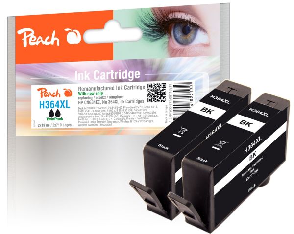 Peach Doppelpack Tintenpatrone mit Chip, schwarz kompatibel zu HP No. 364XL, CN684EE