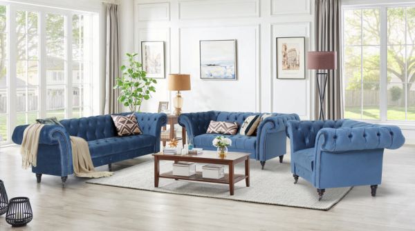 Happy Home Sofaset 3tlg. Couchgarnitur 3-2-1-Sitzer aus Samt blau