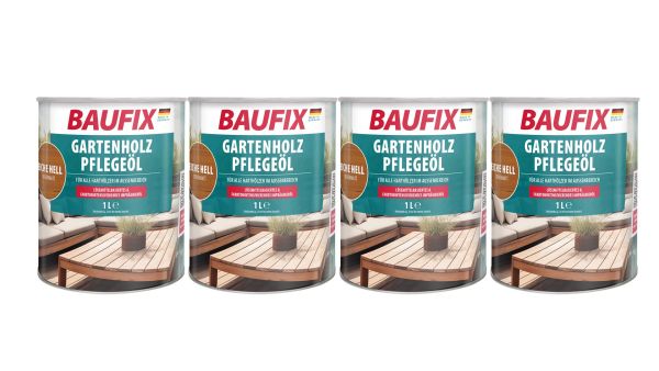 BAUFIX Gartenholz-Pflegeöl eiche hell, seidenmatt, 1 Liter 4er-Set